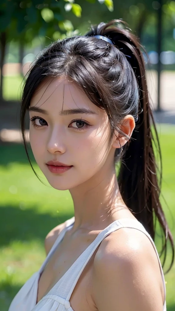 dress,outdoors,Urban Park,On the lawn,One woman,close up face,fully body photo,masutepiece, The highest image quality, High quality, the background is clear,Beautiful woman, Japanese, Detailed, Ultra-detailed, finely detail, hight resolution, 8K Wallpaper, Perfect dynamic composition, Beautiful detailed eyes ,Detailed eyes, Detailed skin, Beautiful skin, 超hight resolution, (reality: 1.4),Very beautiful woman, Slightly younger face, Beautiful skin, slender, (Ultra photo realsisim), (hight resolution), (8K), (Very detailed) (beautifully detailed eyes), (super detailed), (Detailed face), view the viewer, Fine details, Detailed face, Staring straight ahead, Staring straight ahead, photos realistic, Bright lighting, Professional Lighting, Black hair,poneyTail,a baby face,sixteen years old,Hairstyle: ponytail,Long ponytail hairstyle,slight smile,
