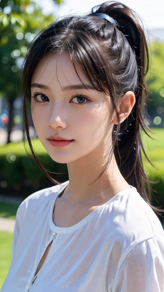 dress,outdoors,Urban Park,On the lawn,One woman,close up face,fully body photo,masutepiece, The highest image quality, High quality, the background is clear,Beautiful woman, Japanese, Detailed, Ultra-detailed, finely detail, hight resolution, 8K Wallpaper, Perfect dynamic composition, Beautiful detailed eyes ,Detailed eyes, Detailed skin, Beautiful skin, 超hight resolution, (reality: 1.4),Very beautiful woman, Slightly younger face, Beautiful skin, slender, (Ultra photo realsisim), (hight resolution), (8K), (Very detailed) (beautifully detailed eyes), (super detailed), (Detailed face), view the viewer, Fine details, Detailed face, Staring straight ahead, Staring straight ahead, photos realistic, Bright lighting, Professional Lighting, Black hair,poneyTail,a baby face,sixteen years old,Hairstyle: ponytail,Long ponytail hairstyle,slight smile,