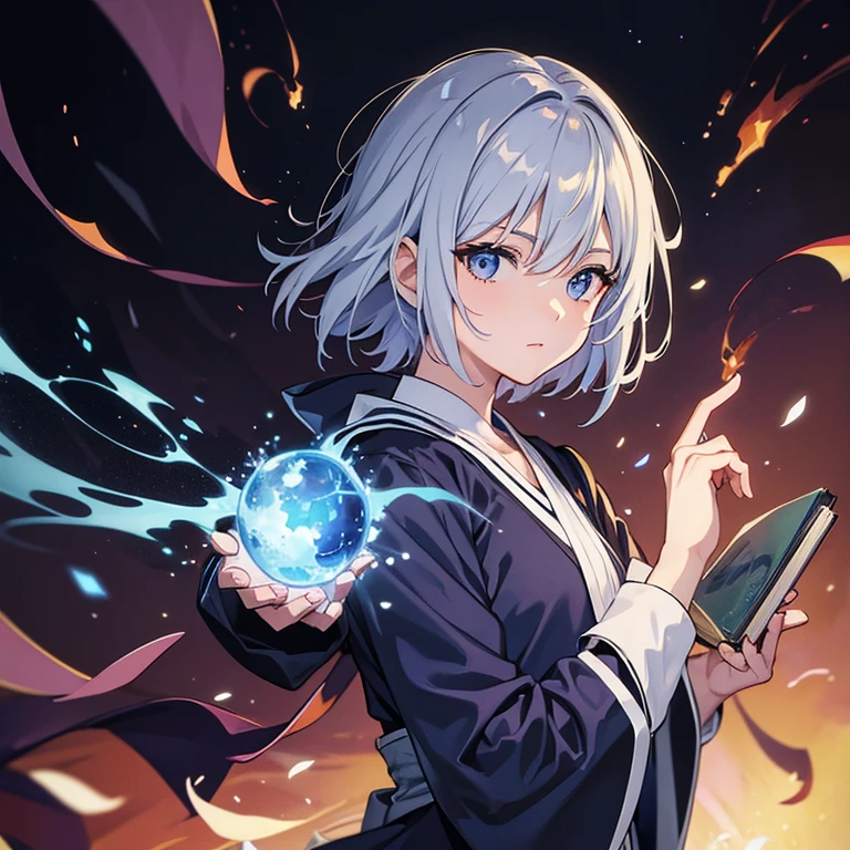 masterpiece, Highest quality, High resolution，Anime Style、Anatomically correct、Follow the prompts、Silver Hair、Short Hair、male、male、One person、Five Fingers、ほっそりしたmaleの腕、Two arms、Short Hair、Wizard、Robe、magic、Blue flames fly around、Hold the spellbook in your left hand、Float a blue ball of fire above your right hand、Upper body only、stand、