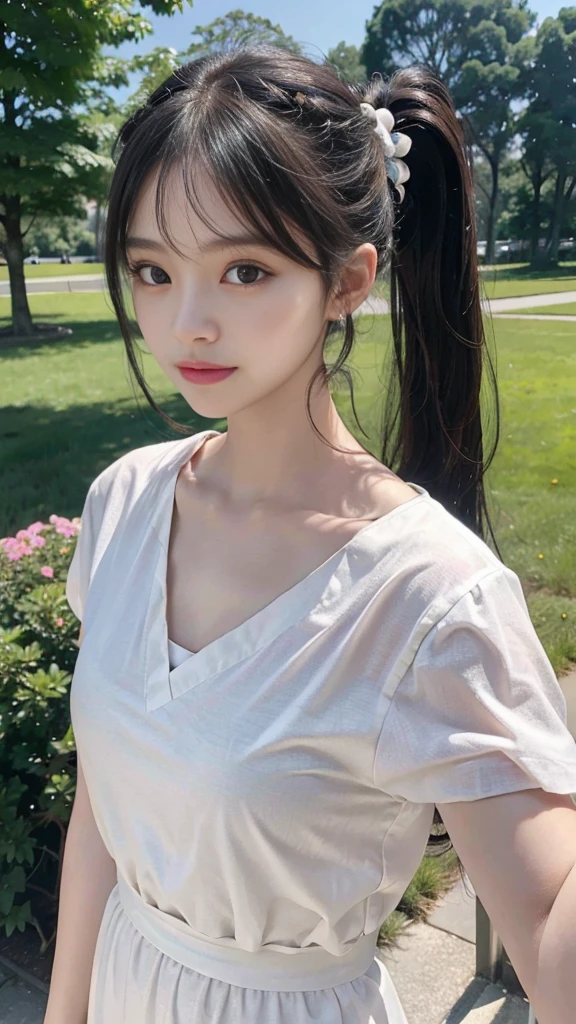 collared dress,european city park,On the lawn,One woman,masutepiece, The highest image quality, High quality, the background is clear,Beautiful woman, Japanese,Ultra-detailed, finely detail, hight resolution, 8K Wallpaper, Perfect dynamic composition, Beautiful detailed eyes , Detailed, Detailed eyes, Detailed skin, Beautiful skin, 超hight resolution, (reality: 1.4),Very beautiful woman, Slightly younger face, Beautiful skin, slender, (Ultra photo realsisim), (hight resolution), (8K), (Very detailed) (beautifully detailed eyes), (super detailed), (Detailed face), view the viewer, Fine details, Detailed face, Staring straight ahead, Staring straight ahead, photos realistic, Bright lighting, Professional Lighting, Black hair,poneyTail,a baby face,sixteen years old,Hairstyle: ponytail,Long ponytail hairstyle,slight smile,neat and tidy clothing,Beautiful Japanese KPOP idol photo, hair style is ponytail, my eyes are double and wide, baby face, smile and look straight ahead, slender, small breasts,Close up face,