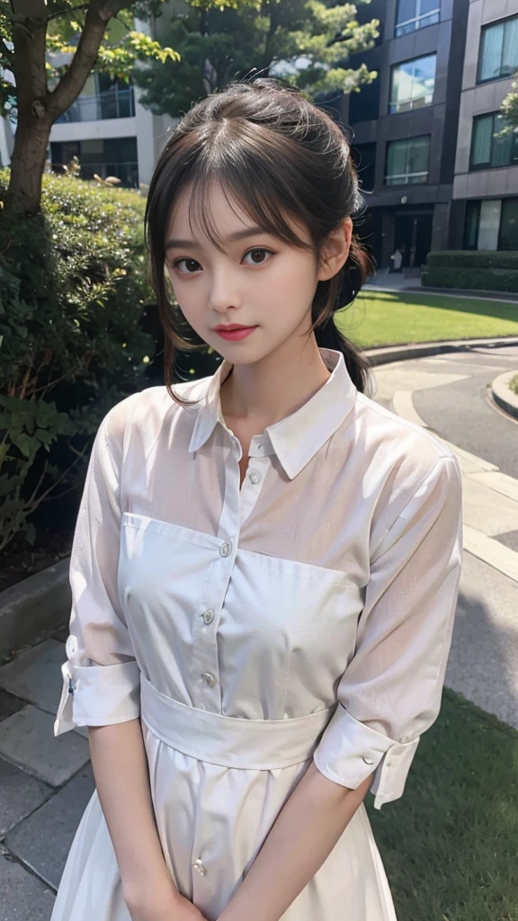 collared dress,european city park,On the lawn,One woman,masutepiece, The highest image quality, High quality, the background is clear,Beautiful woman, Japanese,Ultra-detailed, finely detail, hight resolution, 8K Wallpaper, Perfect dynamic composition, Beautiful detailed eyes , Detailed, Detailed eyes, Detailed skin, Beautiful skin, 超hight resolution, (reality: 1.4),Very beautiful woman, Slightly younger face, Beautiful skin, slender, (Ultra photo realsisim), (hight resolution), (8K), (Very detailed) (beautifully detailed eyes), (super detailed), (Detailed face), view the viewer, Fine details, Detailed face, Staring straight ahead, Staring straight ahead, photos realistic, Bright lighting, Professional Lighting, Black hair,poneyTail,a baby face,sixteen years old,Hairstyle: ponytail,Long ponytail hairstyle,slight smile,neat and tidy clothing,Beautiful Japanese KPOP idol photo, hair style is ponytail, my eyes are double and wide, baby face, smile and look straight ahead, slender, small breasts,Close up face,