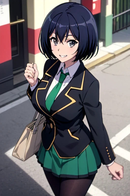 masterpiece, best quality,  sakurada, black blazer, black jacket, long sleeves, green necktie, green skirt, black pantyhose, large breasts, grin, city street, walking, looking at viewer, from above