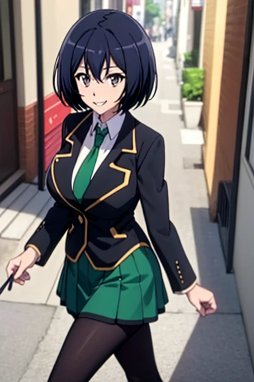 masterpiece, best quality,  sakurada, black blazer, black jacket, long sleeves, green necktie, green skirt, black pantyhose, large breasts, grin, city street, walking, looking at viewer, from above