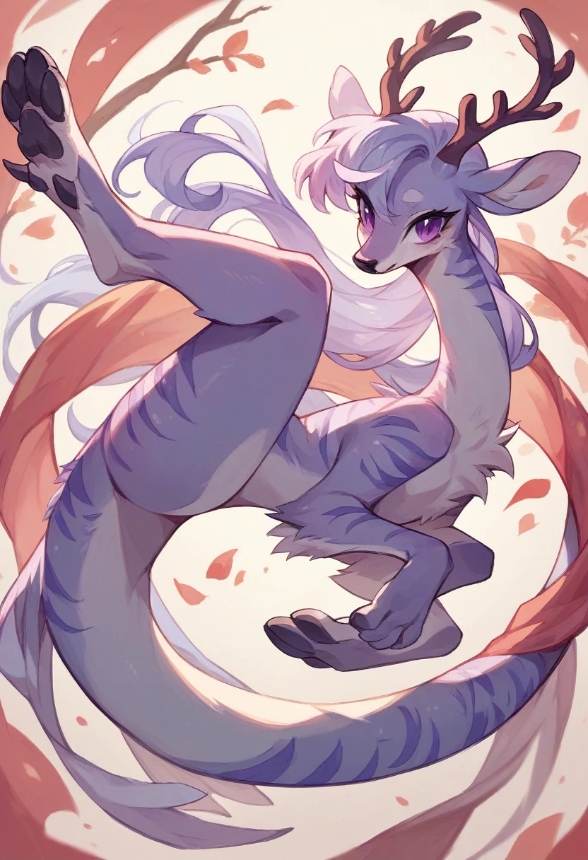 White Japanese Dragon, with violet eyes, dainty, its paws have transparent lilac stripes that highlight its beauty, his antlers are like deer's and his ears are like deer's, white fur and in the background there are feathers constellations in the middle of a flower field.