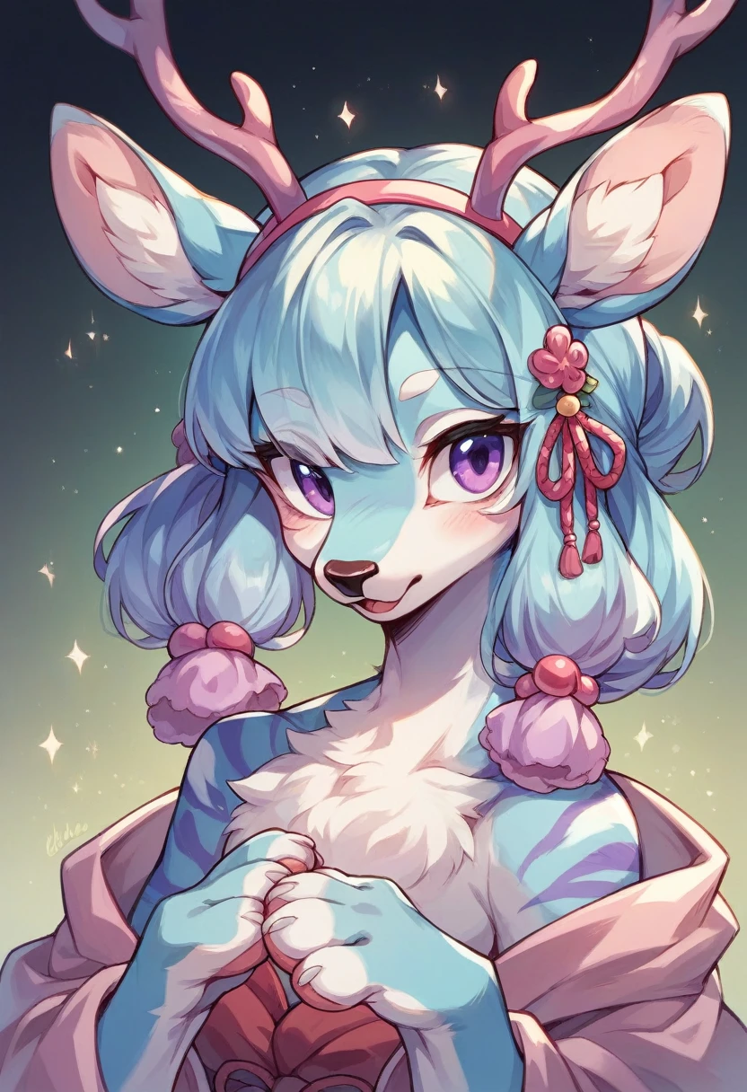 White Japanese Dragon, with violet eyes, dainty, its paws have transparent lilac stripes that highlight its beauty, his antlers are like deer&#39;s and his ears are like deer&#39;s, white fur and in the background there are feathers constellations in the middle of a flower field.