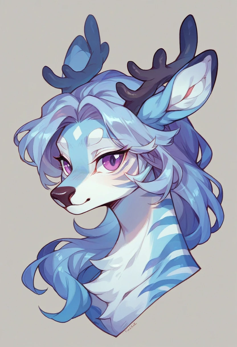 White Japanese Dragon, with violet eyes, dainty, its paws have transparent lilac stripes that highlight its beauty, his antlers are like deer&#39;s and his ears are like deer&#39;s, white fur and in the background there are feathers constellations in the middle of a flower field.