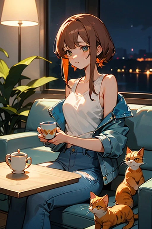 25-year-old anime girl in a white tank top, tight blue jeans and a short denim jacket in a landscape of a luxurious apartment with an orange cat on her lap and night view with a cup of tea in hand and playing with a ball of wool and a plant in the corner