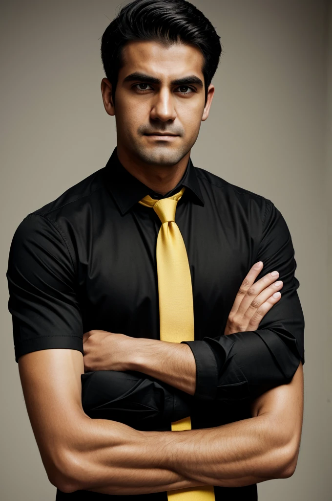 Teacher with black shirt yellow tie black eyes and crossed arms