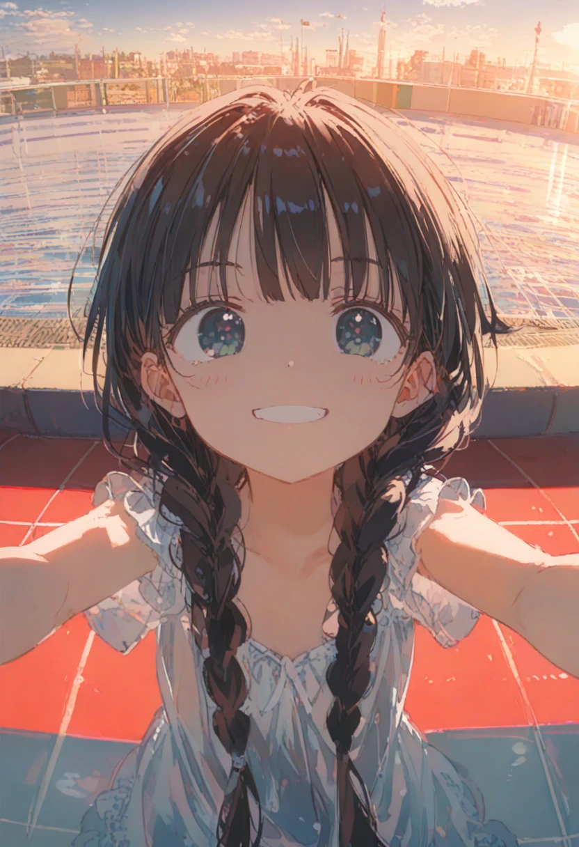 1 Female\(prince,cute,cute,20-year-old,Long braids,Black Hair,Eye color: Ocean Blue,、Neon color、Big eyes,Dynamic pose,,Loose-lipped,Wearing a beautiful lace dress,Poolside、Shiny Pool、My reflection in the pool with the sun reflecting off,Scared,Playfully、panic、smile、Bitter smile、Confused,(Grab her throat),avert your eyes,look up\), break ,background\(city,coastal\), break ,quality\(8K,非常に精細なCGユニットのwallpaper, masterpiece,High resolution,top-quality,top-quality real texture skin,Surreal,Increase the resolution,RAW Photos,最高quality,Very detailed,wallpaper,Cinema Lighting,Ray-tracing,Golden Ratio\),[Browsing Caution]