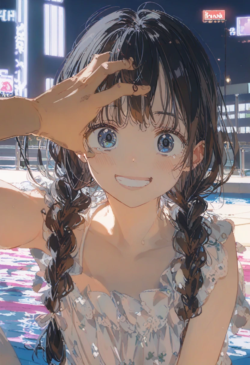 1 Female\(prince,cute,cute,20-year-old,Long braids,Black Hair,Eye color: Ocean Blue,、Neon color、Big eyes,Dynamic pose,,Loose-lipped,Wearing a beautiful lace dress,Poolside、Shiny Pool、My reflection in the pool with the sun reflecting off,Scared,Playfully、panic、smile、Bitter smile、Confused,(Grab her throat),avert your eyes,look up\), break ,background\(city,coastal\), break ,quality\(8K,非常に精細なCGユニットのwallpaper, masterpiece,High resolution,top-quality,top-quality real texture skin,Surreal,Increase the resolution,RAW Photos,最高quality,Very detailed,wallpaper,Cinema Lighting,Ray-tracing,Golden Ratio\),[Browsing Caution]