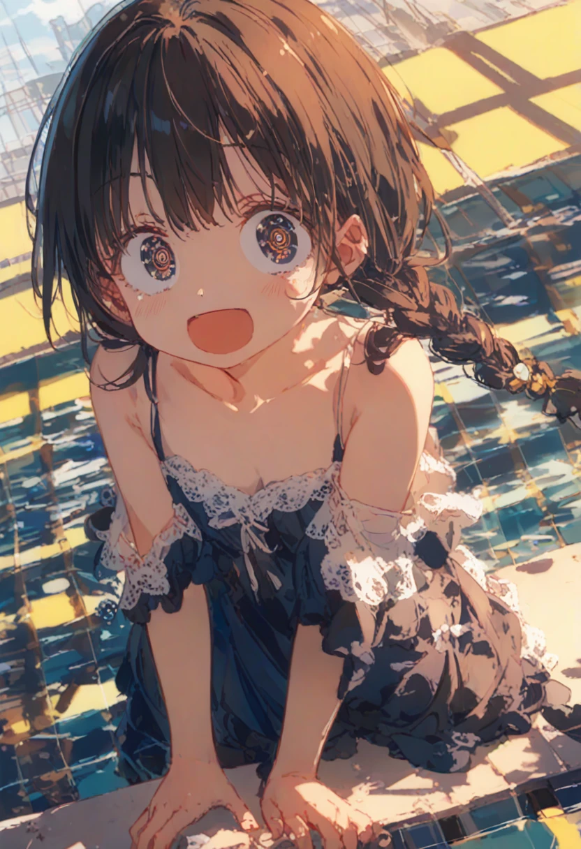 1 Female\(prince,cute,cute,20-year-old,Long braids,Black Hair,Eye color: Ocean Blue,、Neon color、Big eyes,Dynamic pose,,Loose-lipped,Wearing a beautiful lace dress,Poolside、Shiny Pool、My reflection in the pool with the sun reflecting off,Scared,Playfully、panic、smile、Bitter smile、Confused,(Grab her throat),avert your eyes,look up\), break ,background\(city,coastal\), break ,quality\(8K,非常に精細なCGユニットのwallpaper, masterpiece,High resolution,top-quality,top-quality real texture skin,Surreal,Increase the resolution,RAW Photos,最高quality,Very detailed,wallpaper,Cinema Lighting,Ray-tracing,Golden Ratio\),[Browsing Caution]