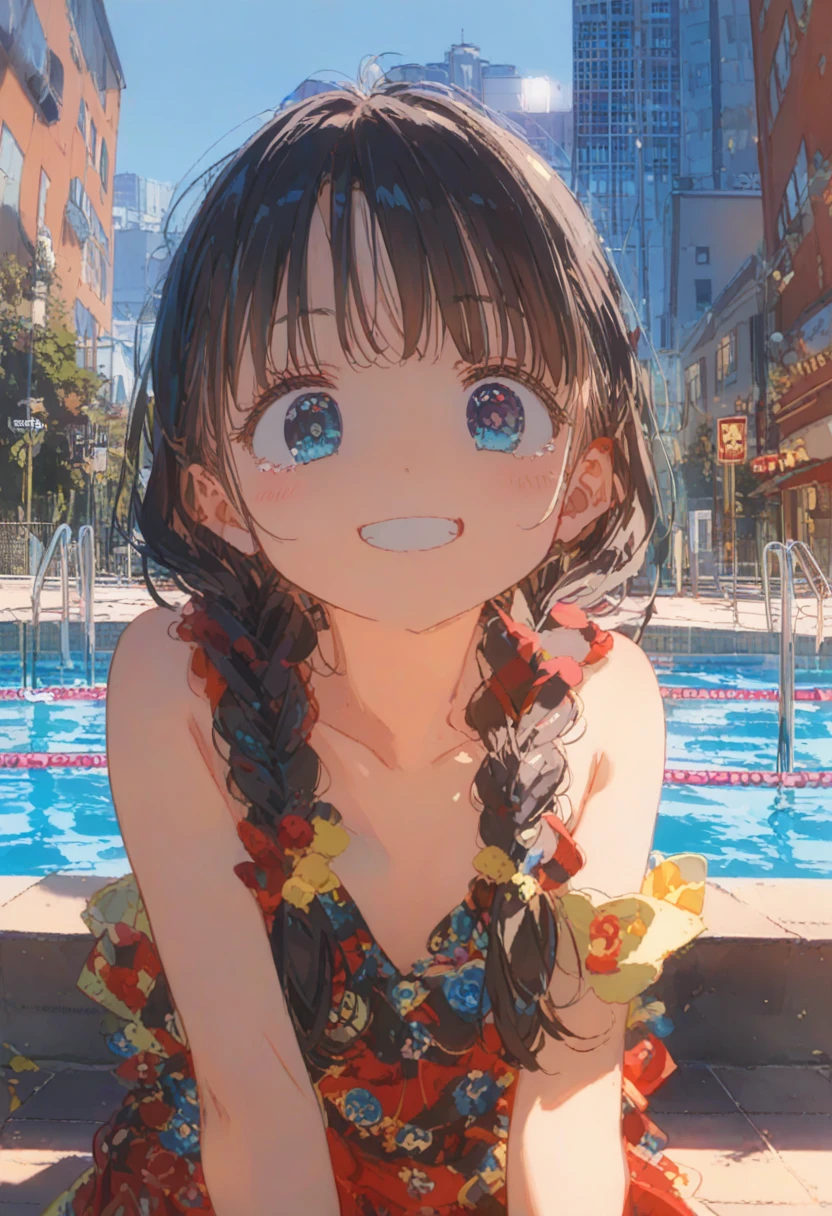 1 Female\(prince,cute,cute,20-year-old,Long braids,Black Hair,Eye color: Ocean Blue,、Neon color、Big eyes,Dynamic pose,,Loose-lipped,Wearing a beautiful lace dress,Poolside、Shiny Pool、My reflection in the pool with the sun reflecting off,Scared,Playfully、panic、smile、Bitter smile、Confused,(Grab her throat),avert your eyes,look up\), break ,background\(city,coastal\), break ,quality\(8K,非常に精細なCGユニットのwallpaper, masterpiece,High resolution,top-quality,top-quality real texture skin,Surreal,Increase the resolution,RAW Photos,最高quality,Very detailed,wallpaper,Cinema Lighting,Ray-tracing,Golden Ratio\),[Browsing Caution]