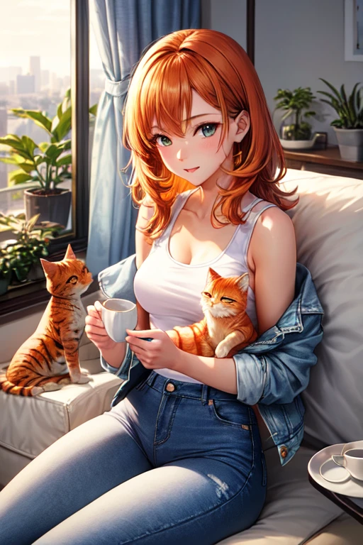 25-year-old anime girl in a white tank top, tight blue jeans and a short denim jacket in a landscape of a luxurious apartment with an orange cat on her lap and night view with a cup of tea in hand and playing with a ball of wool and a plant in the corner