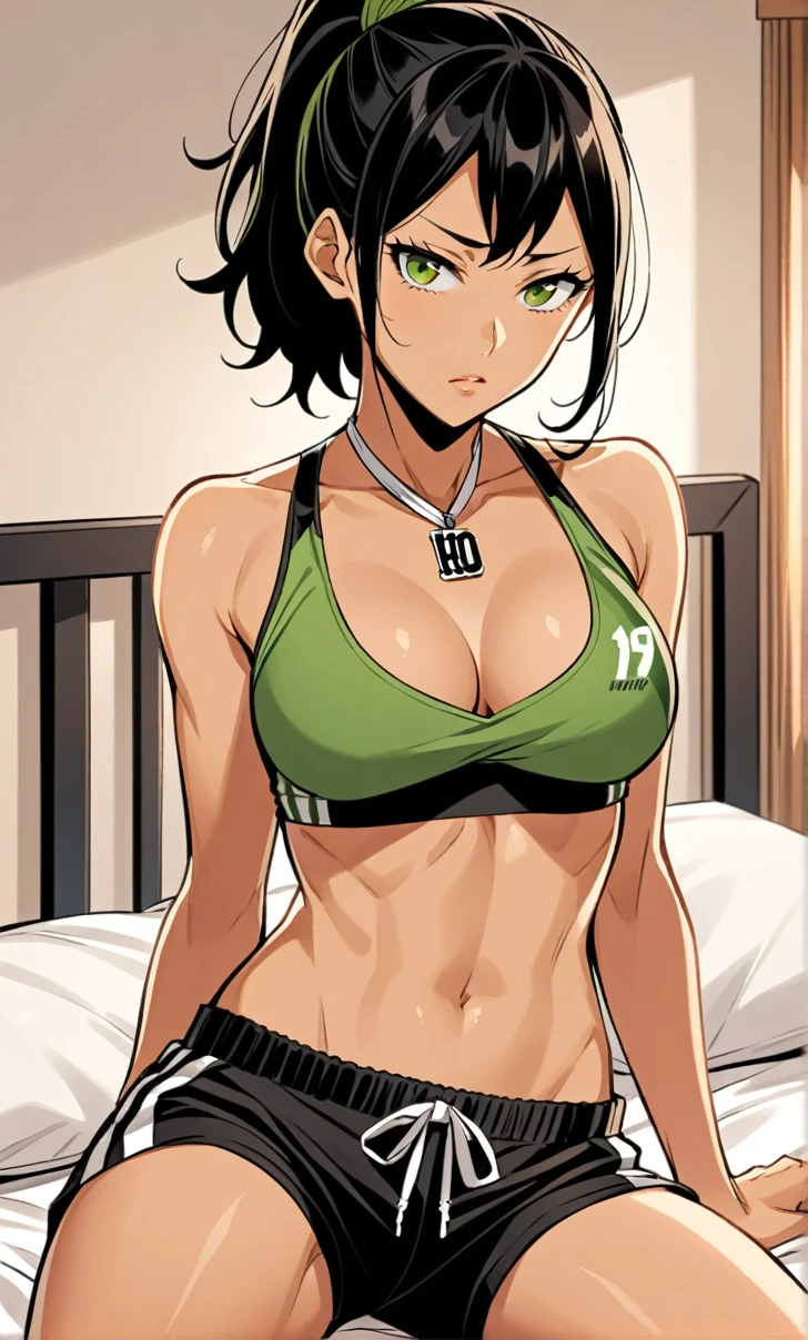 Woman, Athletic and toned body, light skin tone, long black hair tied in a ponytail, green eyes with a penetrating and seductive look, breasts big, neckleace, sitting on the bed, shorts curto, haikyuu, comic style