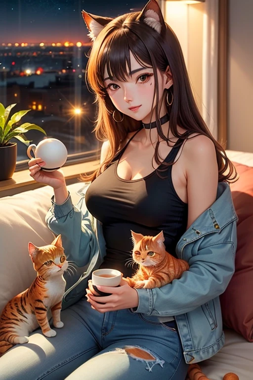 25-year-old anime girl in a white tank top, tight blue jeans and a short denim jacket in a landscape of a luxurious apartment with an orange cat on her lap and night view with a cup of tea in hand and playing with a ball of wool and a plant in the corner