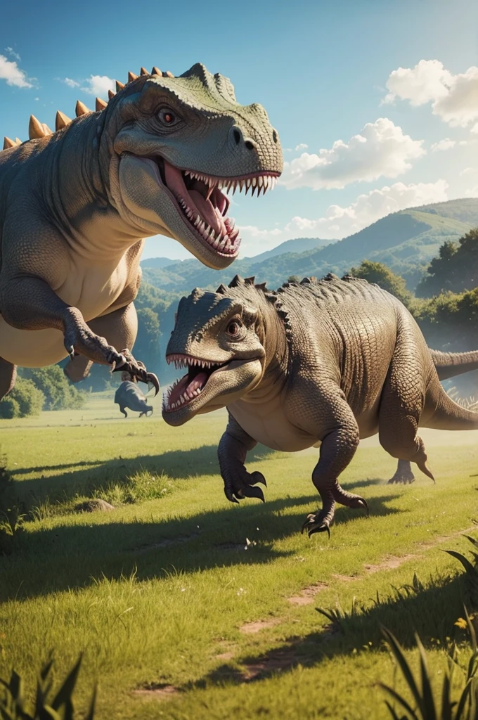 Two dinosaurs running in a field 