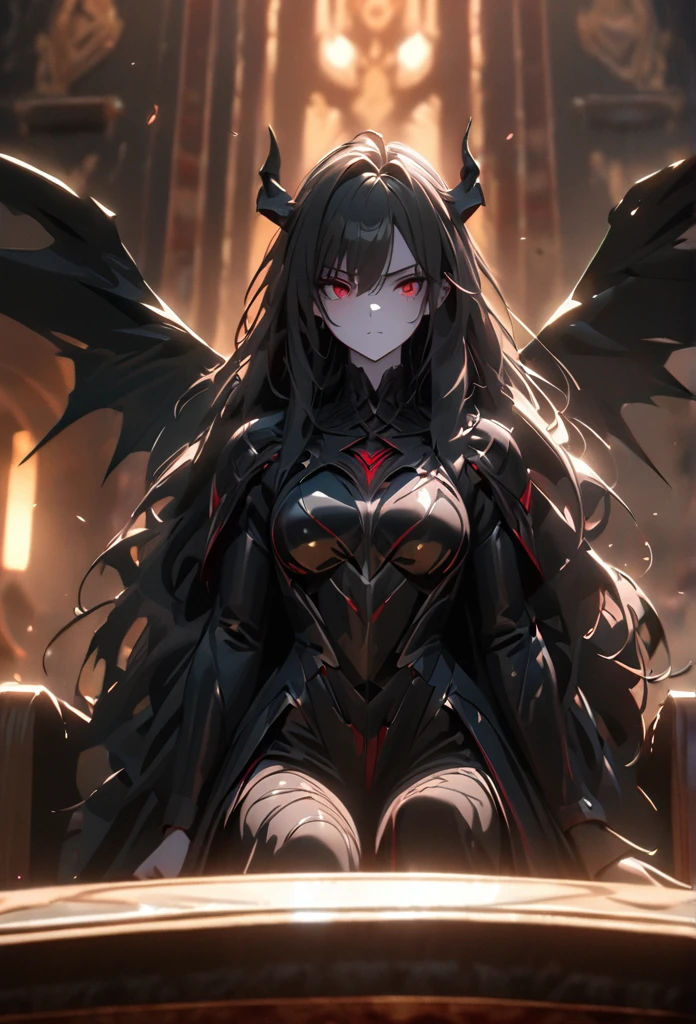 (solo), black hair, messy hair, mane hair, long hair, dense hair, wild hair, expressive hair, mature,(25 year old), pale skin, red eyes, ((woman)), wearing black armor, black dragon horns,, serious, black wings, beautiful, attractive, eye reflection, depth of field, thunder aura,cinematic lighting, ray tracing, depth of field, cinematic lighting, ray tracing, UHD, high details, best quality, highres, high quality, award winning, super detail, masterpiece, 8k, UHD, high details, best quality, highres, high quality, award winning, super detail, masterpiece, 8k, digital art, anime coloring, full body, body shot, good face, perfect face, detailed face, good eyes, sitting on a throne