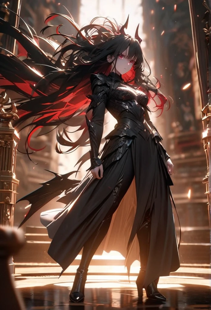 (solo), black hair, messy hair, mane hair, long hair, dense hair, wild hair, expressive hair, mature,(25 year old), pale skin, red eyes, ((woman)), wearing black armor, black dragon horns,, serious, black wings, beautiful, attractive, eye reflection, depth of field, thunder aura,cinematic lighting, ray tracing, depth of field, cinematic lighting, ray tracing, UHD, high details, best quality, highres, high quality, award winning, super detail, masterpiece, 8k, UHD, high details, best quality, highres, high quality, award winning, super detail, masterpiece, 8k, digital art, anime coloring, full body, body shot, good face, perfect face, detailed face, good eyes, sitting on a throne