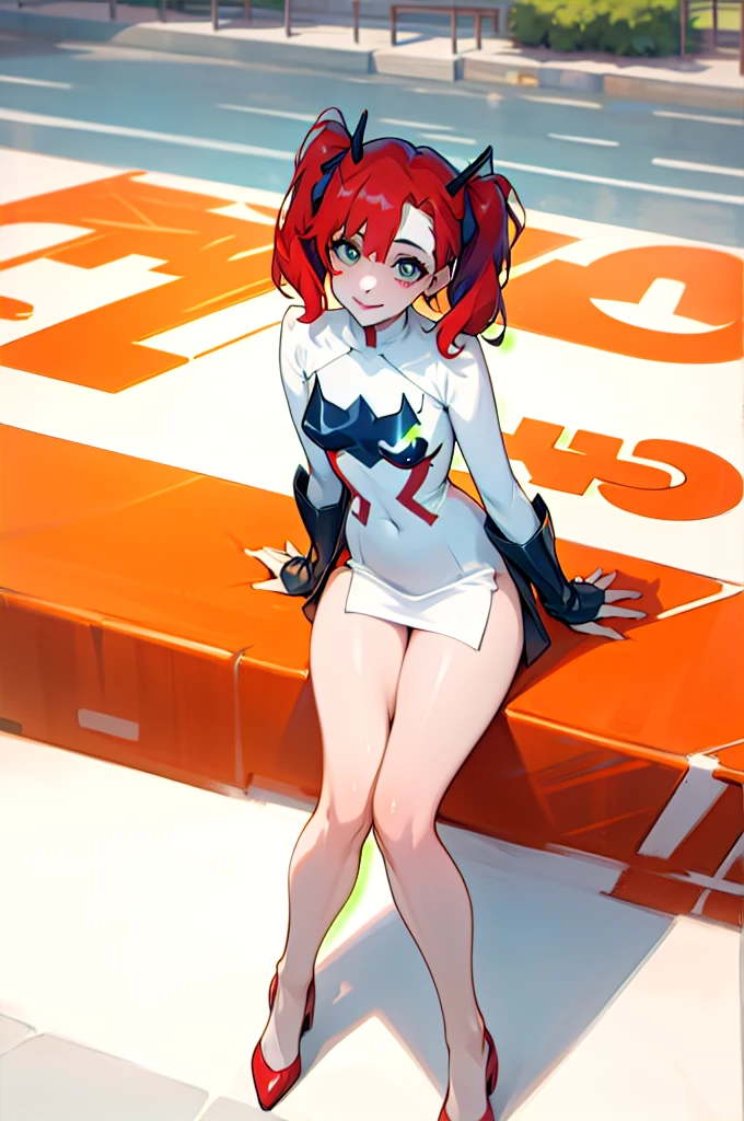 masterpiece, best quality, (1girl), Harley Quinn darling in the franxx\(series\), outdoor, shiny skin, from above, thigh thighs, smile face