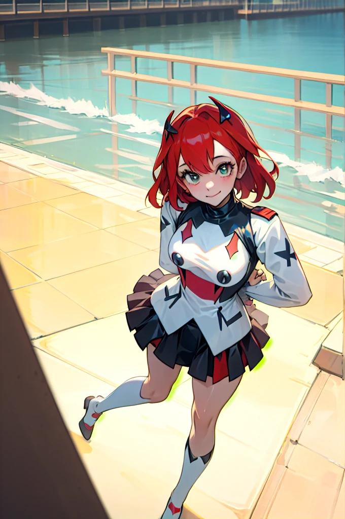 masterpiece, best quality, (1girl), Harley Quinn darling in the franxx\(series\),  outdoor,  shiny skin, from above, thigh thighs, smile face