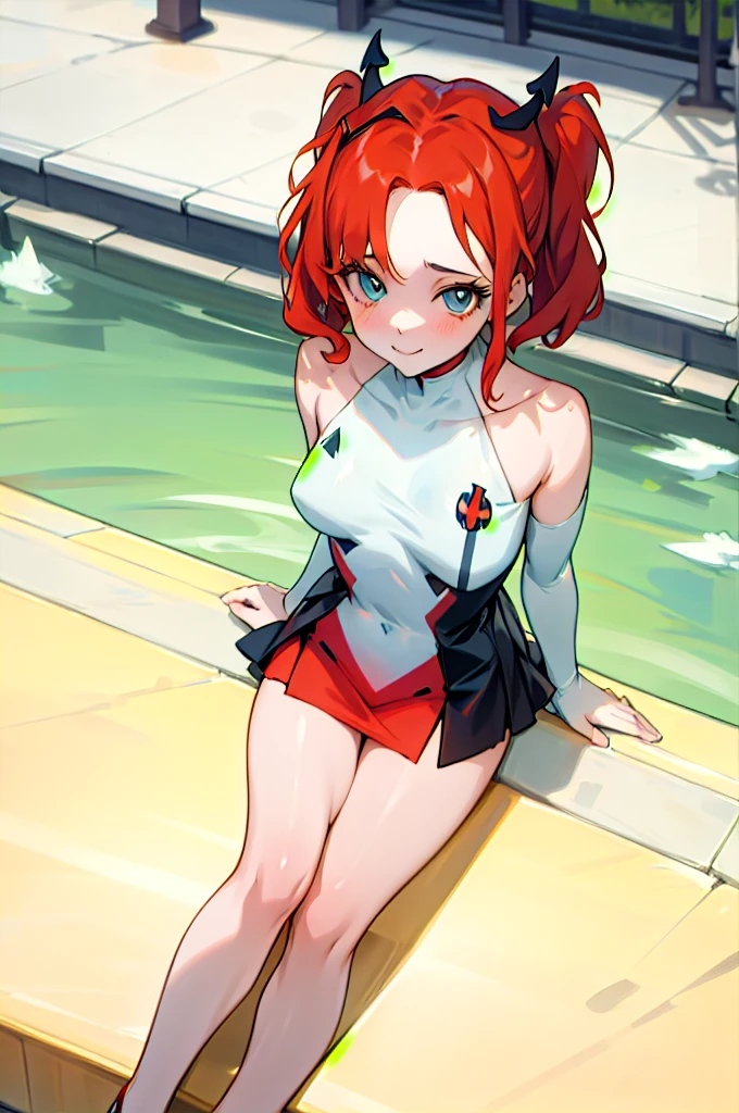 masterpiece, best quality, (1girl), Harley Quinn darling in the franxx\(series\), outdoor, shiny skin, from above, thigh thighs, smile face