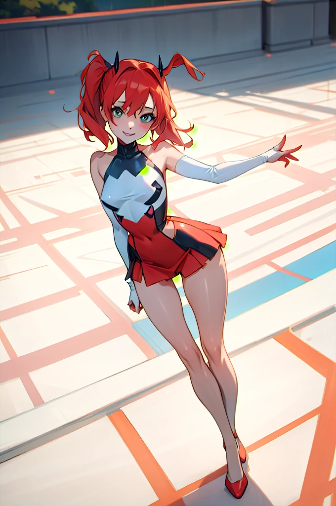 masterpiece, best quality, (1girl), Harley Quinn darling in the franxx\(series\),  outdoor,  shiny skin, from above, thigh thighs, smile face