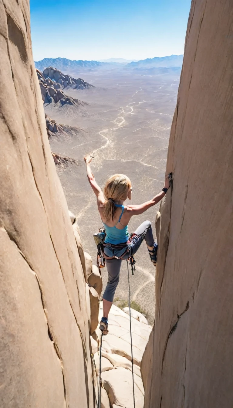 (masterpiece:1.3, Highest quality:1.2), Perfect Anatomy、Back view of a person climbing:1.2、physical、One Woman, athlete, rock climbing, Muscular body、sense of urgency、Tank top、5-minute length pants、Top view、High altitude、The scary height、Joshua Tree National Park, California, USA、Blue sky、Beautiful views、