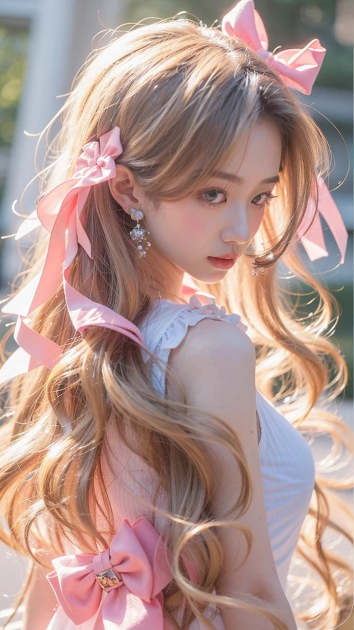 Beautiful Japanese girl, brunette hair, pink bow tie hair decoration, white dress, earrings