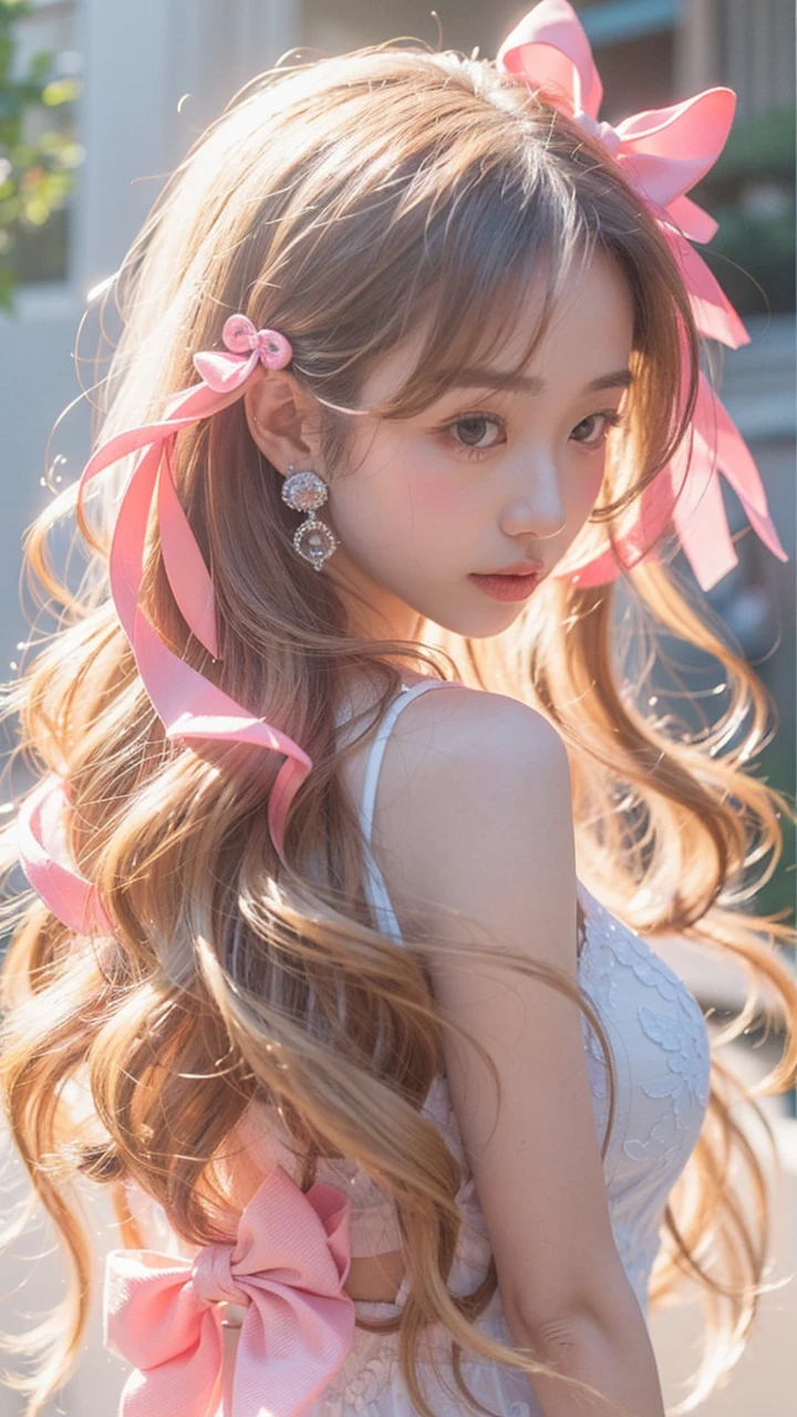 Beautiful Japanese girl, brunette hair, pink bow tie hair decoration, white dress, earrings 