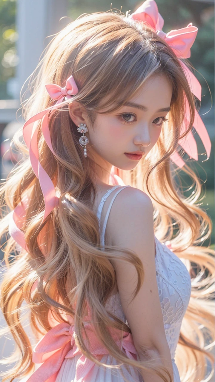 Beautiful Japanese girl, brunette hair, pink bow tie hair decoration, white dress, earrings