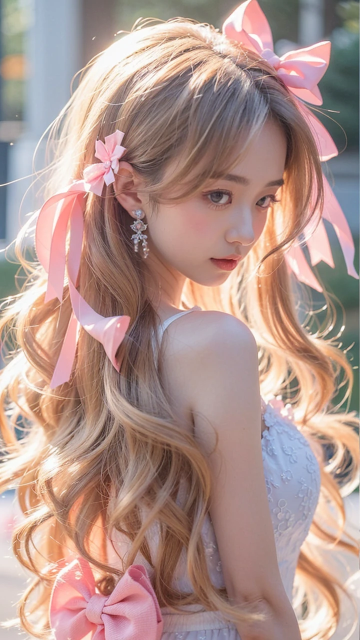 Beautiful Japanese girl, brunette hair, pink bow tie hair decoration, white dress, earrings