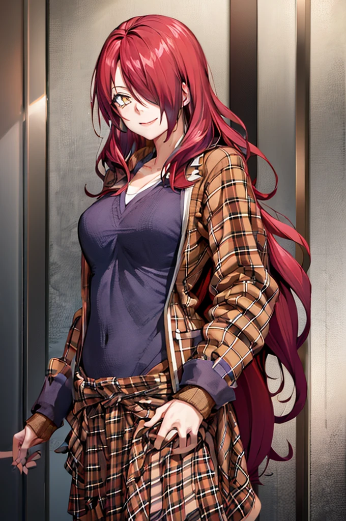 ((masterpiece,best quality)), absurdres, Kobayashi_Rindou_Shokugeki, 1girl, solo, red hair, long hair, hair over one eye, yellow eyes, jacket, plaid,  solo, smiling, looking at viewer, cowboy shot,