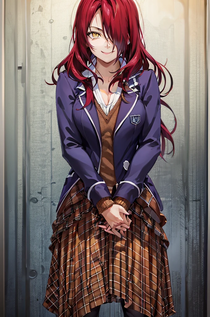 ((masterpiece,best quality)), absurdres, Kobayashi_Rindou_Shokugeki, 1girl, solo, red hair, long hair, hair over one eye, yellow eyes, jacket, plaid,  solo, smiling, looking at viewer, cowboy shot,