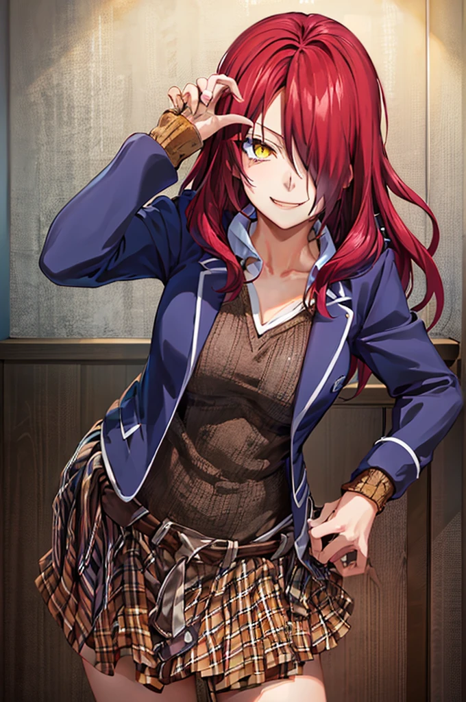 ((masterpiece,best quality)), absurdres, Kobayashi_Rindou_Shokugeki, 1girl, solo, red hair, long hair, hair over one eye, yellow eyes, jacket, plaid,  solo, smiling, looking at viewer, cowboy shot,