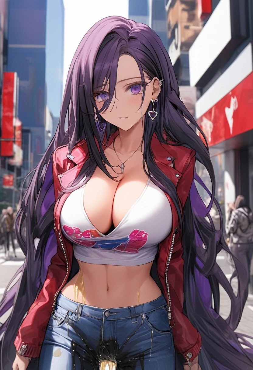 (masterpiece:1.37), best quality, (extremely detailed:1.37), woman, (very long hair:1.5), dark purple hair, purple eyes, (extremely detailed eyes:1.37), (wetting self:1.25), large breasts, stylish jacket, multicolored jackt, jeans, cleavage, navel, city, high-tech, street