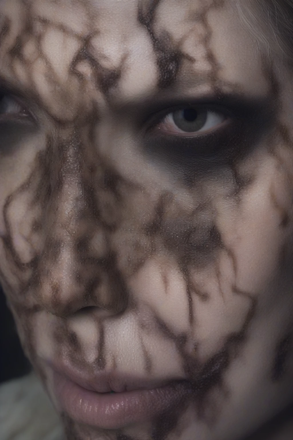 Horror-themed tenebrosa, a close-up of a person's face on a cracked surface, inspired by Alberto Seveso, featured on zbrush central, orange fire/blue ice duality!, portrait of an android, fractal human silhouette, red realistic 3d rendering, black and green, subject made of cracked clay, Woman, made of lava . weirdcore, disturbing, tenebrosa, frightful, suspense, grim, highy detailed , ultra HD, hdr