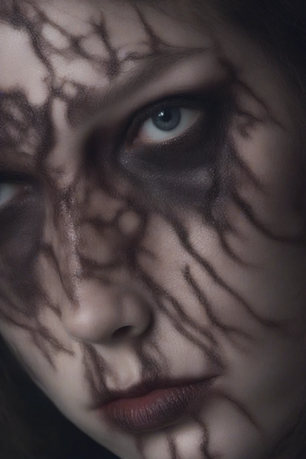 Horror-themed tenebrosa, a close-up of a person's face on a cracked surface, inspired by Alberto Seveso, featured on zbrush central, orange fire/blue ice duality!, portrait of an android, fractal human silhouette, red realistic 3d rendering, black and green, subject made of cracked clay, Woman, made of lava . weirdcore, disturbing, tenebrosa, frightful, suspense, grim, highy detailed , ultra HD, hdr