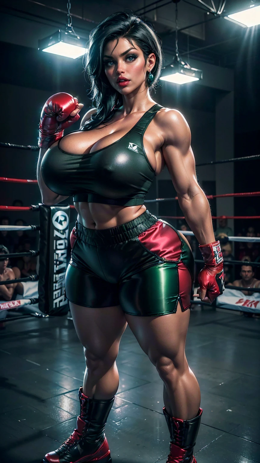 (best quality,highres:1.2), (ultra-detailed), (realistic:1.37), (HDR,UHD), (physically-based rendering), ((curvy thicc Denise Milani)), ((black boxing shorts:1.3)), ((skimpy boxing shorts:1.3)), (boxing boots), ((short, straight jet-black hair:1.4)), (tiny waist), ((thicc:1.3)), ((firm perfectly round butt:1, ((beautiful large green eyes):1.3), ((standing pose in a boxing ring)), (full-body portrait), (vivid colors), (metallic textures), (hot red lips, makeup:1.3), (straight, short jet-black hair), ((skimpy sexy blackxing shorts:1.3)), sexy fighter,ominent breasts, rock soasts, missile shapeds that defy gravity, bigontits, boltedontits, sakimichan, th3p1t,