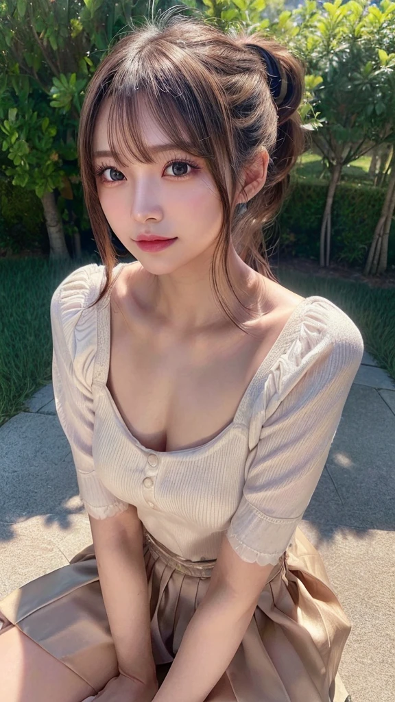 One piece with collar,outdoors,Urban Park,On the lawn,Ultra-detailed, finely detail, hight resolution, 8K Wallpaper, Perfect dynamic composition, Beautiful detailed eyes,Outdoor,Close-up of face,Outdoor,Blushing,Facing forward,,Long hair ponytail,((8k, Raw photo, Best Quality, Mastepiece:1.2), (Realism, Photorealistic:1.4), (Highly detailed 8K wallpapers), Depth of written boundary, Cinematic Lighting, Soft Light, Detailed Beauty Eye,Shiny and smooth light brown ponytail, Asymmetrical bangs, Shiny skin, Ultra-detailed skins ,It is high resolution., High detail, Detailed hairstyle, Detailed facial beauty, Hyper-realistic, Perfect limbs, Perfect Anatomy ,1 Japanese girl,Famous Japanese Idols, Perfect female body,A shy smile,Short eyelashes,Double-edged eyelids,Look straight here,Hair style: ponytail,