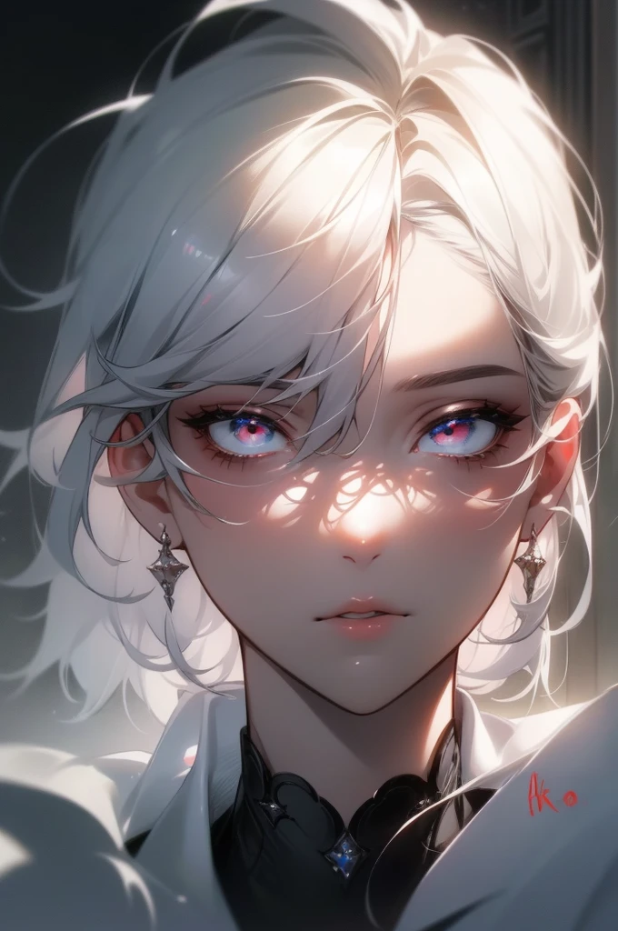 1 boy,idol boy,beautiful detailed eyes,red eyes,extremely detailed face, detailed lips, man,male,4k,stunning lighting,black and white,white hair,(best quality,4k,8k,highres,masterpiece:1.2),ultra-detailed,(realistic,photorealistic,photo-realistic:1.37),portrait,dramatic lighting,moody