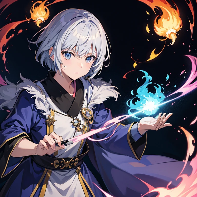 masterpiece, Highest quality, High resolution，Anime Style、Anatomically correct、Follow the prompts、Silver Hair、Short Hair、male、male、One person、Five Fingers、ほっそりしたmaleの腕、Two arms、Short Hair、Wizard、Robe、magic、Blue flames fly around、Hold the spellbook in your left hand、Float a blue ball of fire above your right hand、Upper body only、stand、