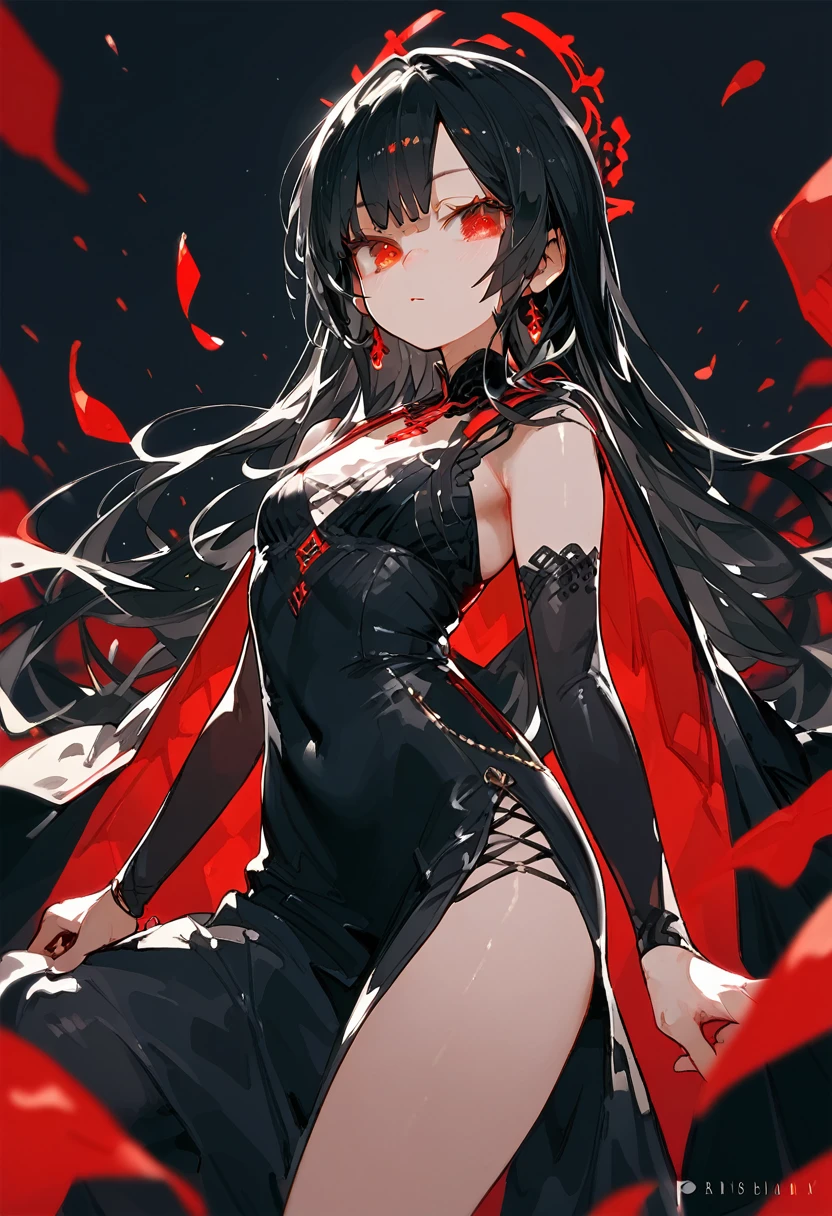 Black hair, red eyes, white and black dress,