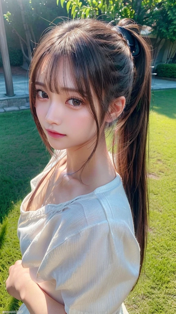 One piece with collar,outdoors,Urban Park,On the lawn,Ultra-detailed, finely detail, hight resolution, 8K Wallpaper, Perfect dynamic composition, Beautiful detailed eyes,Outdoor,Close-up of face,Outdoor,Blushing,Facing forward,,Long hair ponytail,((8k, Raw photo, Best Quality, Mastepiece:1.2), (Realism, Photorealistic:1.4), (Highly detailed 8K wallpapers), Depth of written boundary, Cinematic Lighting, Soft Light, Detailed Beauty Eye,Shiny and smooth light brown ponytail, Asymmetrical bangs, Shiny skin, Ultra-detailed skins ,It is high resolution., High detail, Detailed hairstyle, Detailed facial beauty, Hyper-realistic, Perfect limbs, Perfect Anatomy ,1 Japanese girl,Famous Japanese Idols, Perfect female body,A shy smile,Short eyelashes,Double-edged eyelids,Look straight here,Hair style: ponytail,