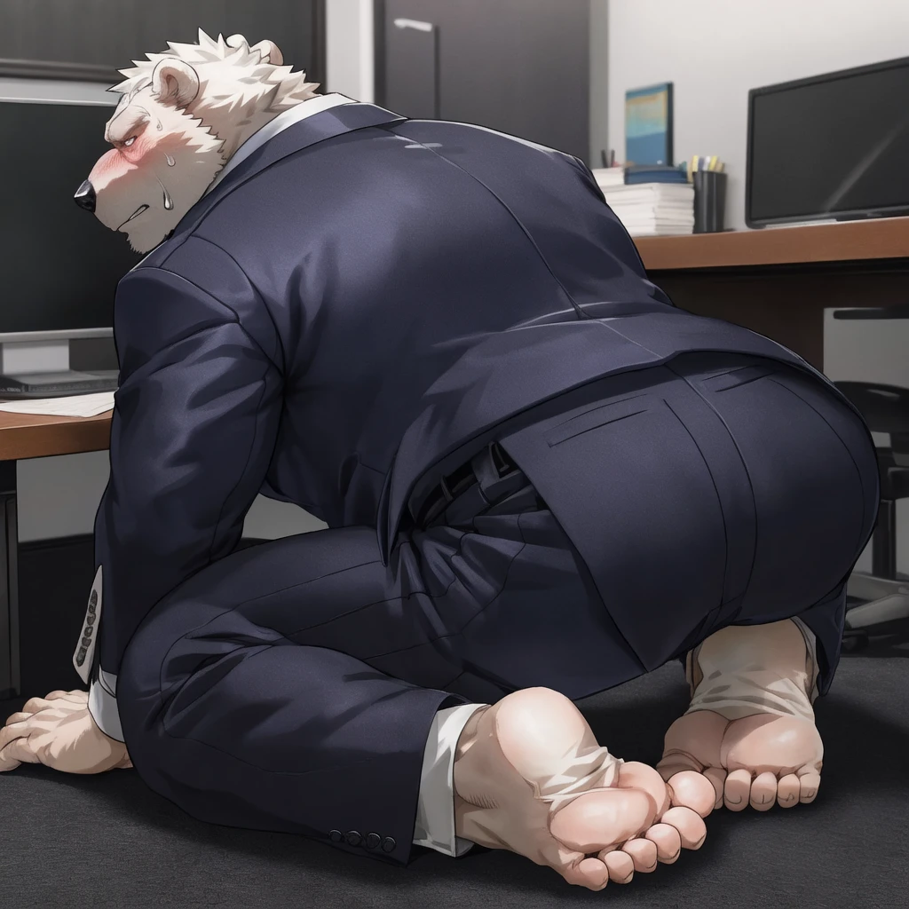 severed hand opening zip attached to  kneel polar bear dad skin , wihout shirt office suit , detailed white feet five toes  with white  sock,  profile, evil smug blush sweating , kemono , high quality  , by rossciaco ( rear view) ,