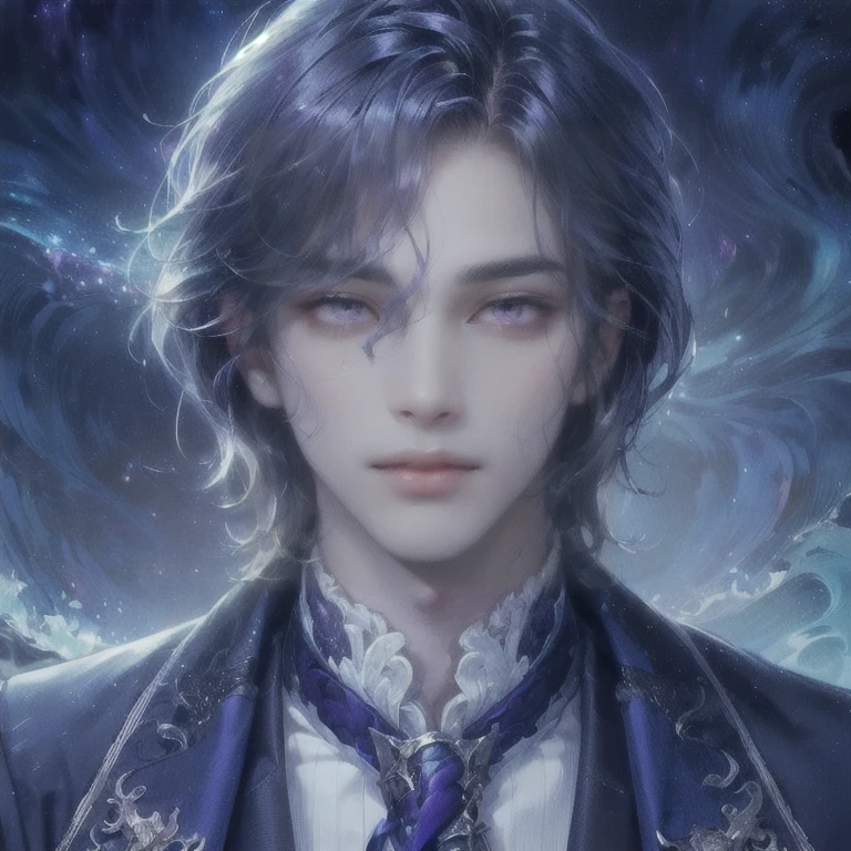 (((COLORFUL PURPLE GALAXY BACKGROUND)))((MALE SHORT WAVY HAIR WITH BLUNT BANGS))((DUKE OUTFIT))((PALE SKIN))((SAPHIRRE))((AMETHYST))((RADIANT INDIGO BLUE HAIR))((BLUE PURPLE EXTREMELY DETAILED SUIT, DUKE OUTFIT))((DETAILED PURPLE EYES AND FACE PALE))((YOUNG MAN))(((dark PURPLE EYES)))
(((tousled waves thick bangs)))