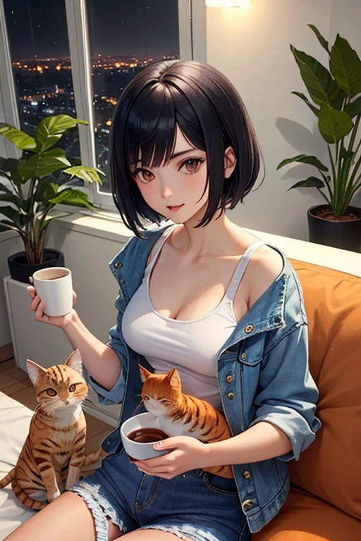 25-year-old anime girl in a white tank top, tight blue jeans and a short denim jacket in a landscape of a luxurious apartment with an orange cat on her lap and night view with a cup of tea in hand and playing with a ball of wool and a plant in the corner