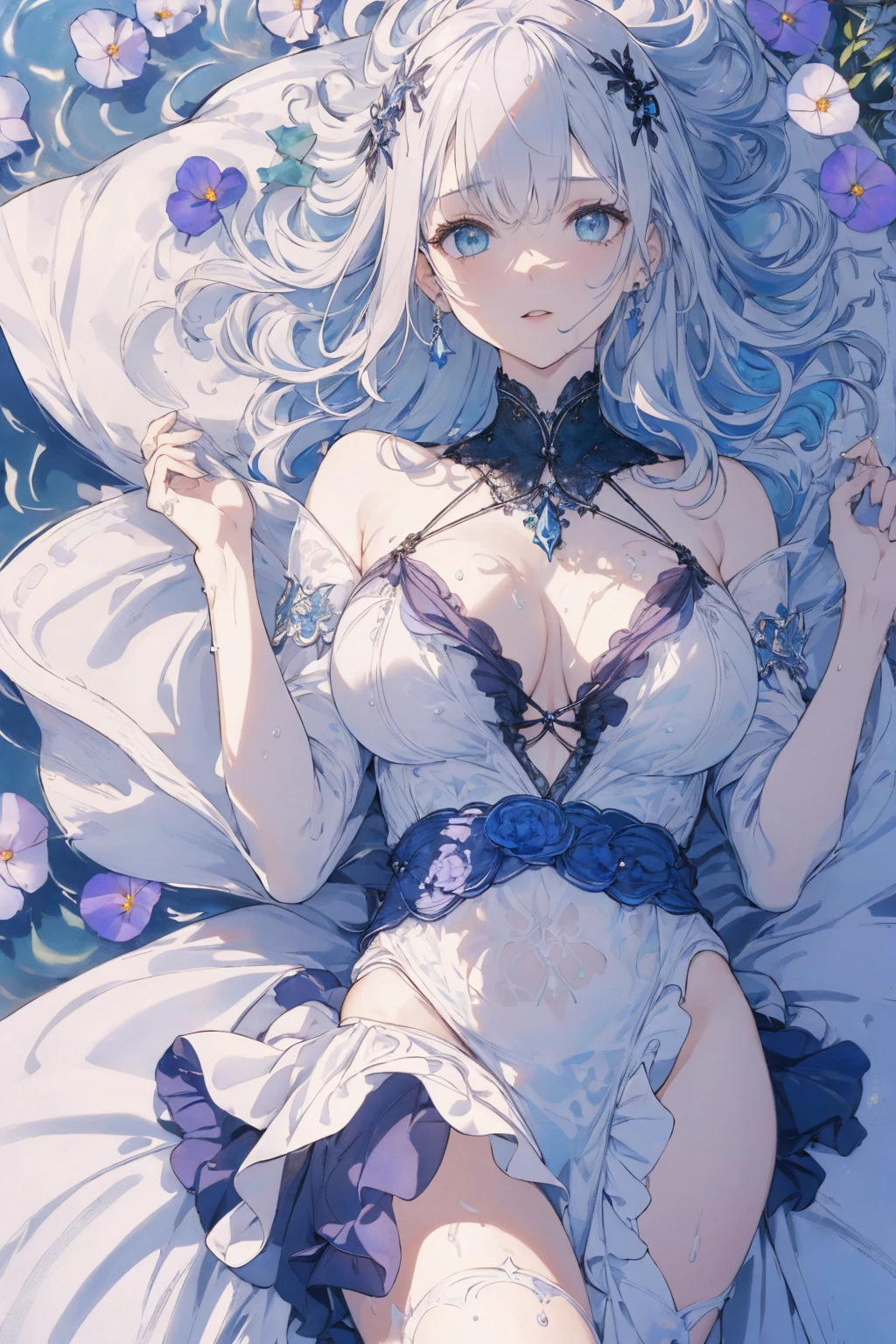(water photo:1.1, in blue waterfront garden:1.5), Masterpiece, best quality, (very detailed CG unity 8k wallpaper), (best quality), High definition RAW color art, Animation,sculptures, (black Marble Skin), (((Ultra detailed elegant))), Magical atmosphere, Detailed skin, Texture,(Intricately detailed, Fine detail, ultra-detail art), depth of fields, bokeh, Silky Touch, Hyper Detail, beautiful eyes, Elegant Face, (lying on pastel white waterfront, morning glory), sparkle background, enormous breast:1.3, (silver hair), pastel purple, embarrassing red face, wide open udder, shorthair, nsfw frill bikini, fat, upper body focus, gigantic under breast