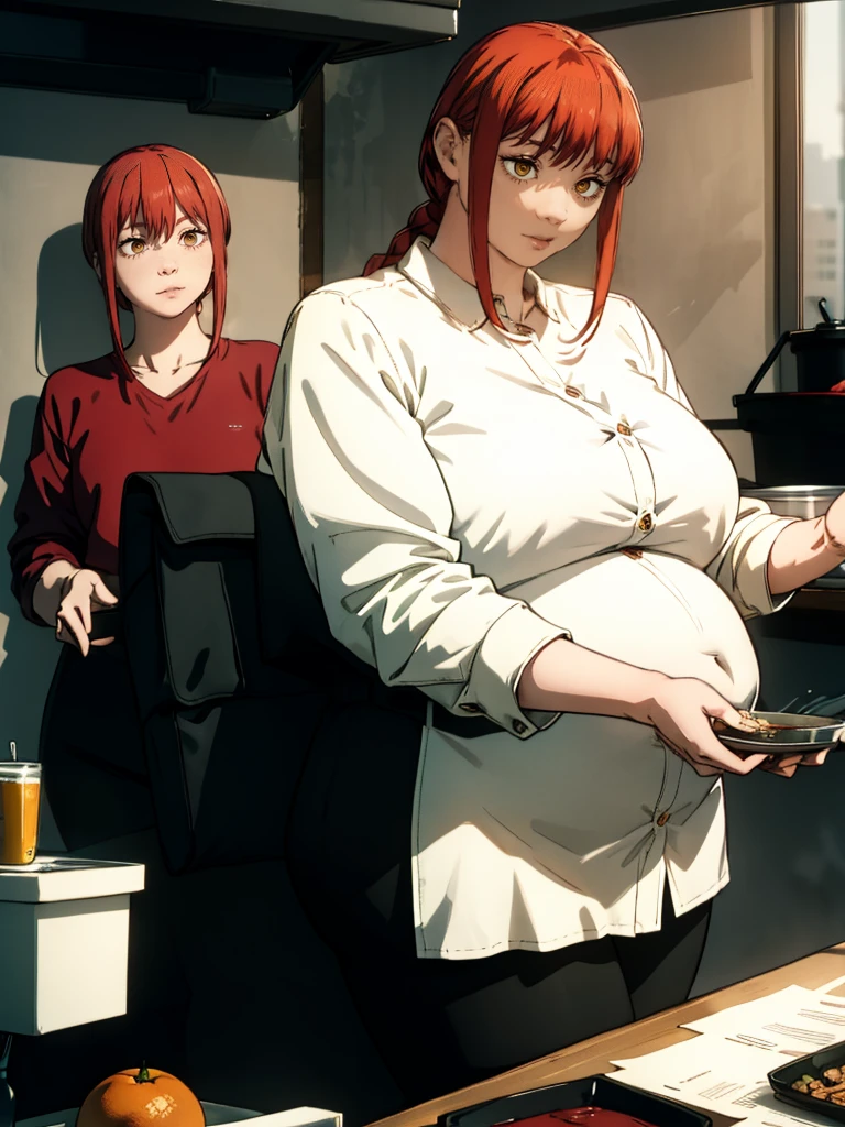 Le personnage Makima de la série animée Chainsaw Man, fragile, obésité morbide, ssbbw, pleine longueur (corps entier 1.1.), fond sombre, obscurité, anatomie correcte 1.1, anatomie correcte de la main, Très féminin, corps gras et rond, grosses Jambes, fesses, beau corps obèse, ventre rond et mou très gras, cheveux roux, Yeux oranges, Cercles rouges pour les écoliers, chemise blanche, jupe noire, cravate noire, pose sexy, réaliste, very détaillé, beau corps, détaillé body, détaillé hands, détaillé, vibrant, détaillé Face, Conception des personnages de Makima. very détaillé, détaillé body, détaillé hands, détaillé Face, Art animé, Hugh Détails, Visage très abattu, détaillé eyes, Illustration ultra fine, Meilleure ombre, détail fin, beautiful détaillé glow, beautiful détaillé, Extraordinairement beau, extremely détaillé, inexpressif, composition épique, Style animé. art animé, Style animé. Jupe noire, chemise blanche, cravatte, pose sexy