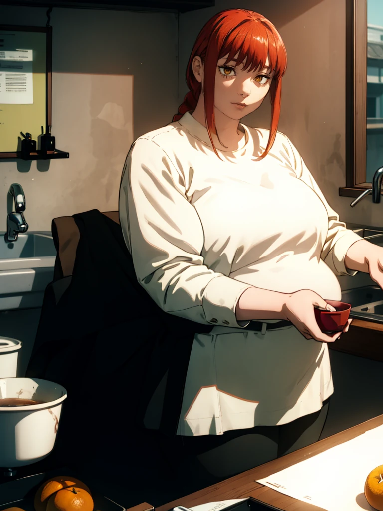 Le personnage Makima de la série animée Chainsaw Man, fragile, obésité morbide, ssbbw, pleine longueur (corps entier 1.1.), fond sombre, obscurité, anatomie correcte 1.1, anatomie correcte de la main, Très féminin, corps gras et rond, grosses Jambes, fesses, beau corps obèse, ventre rond et mou très gras, cheveux roux, Yeux oranges, Cercles rouges pour les écoliers, chemise blanche, jupe noire, cravate noire, pose sexy, réaliste, very détaillé, beau corps, détaillé body, détaillé hands, détaillé, vibrant, détaillé Face, Conception des personnages de Makima. very détaillé, détaillé body, détaillé hands, détaillé Face, Art animé, Hugh Détails, Visage très abattu, détaillé eyes, Illustration ultra fine, Meilleure ombre, détail fin, beautiful détaillé glow, beautiful détaillé, Extraordinairement beau, extremely détaillé, inexpressif, composition épique, Style animé. art animé, Style animé. Jupe noire, chemise blanche, cravatte, pose sexy