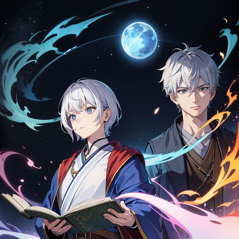 masterpiece, Highest quality, High resolution,Anime Style、Anatomically correct、Follow the prompts、Silver Hair、Short Hair、male、male、One person、Five Fingers、ほっそりしたmaleの腕、Two arms、Short Hair、Wizard、Robe、magic、Blue flames fly around、Hold the spellbook in your left hand、Float a blue ball of fire above your right hand、Upper body only、stand、